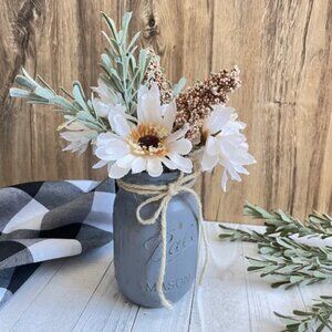 Handmade Gray Mason Jar Vase w Faux White/Lt. Pink/Green Floral & Jute Twine Bow